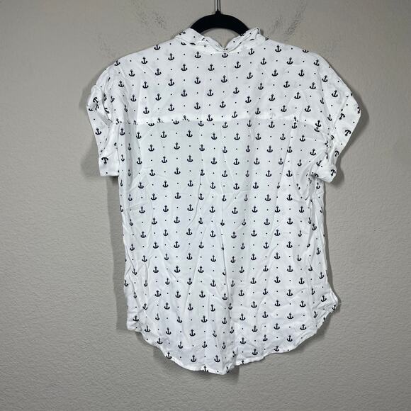 Alexander Jordan Womens Small Anchor Print Shirt White Navy Rayon Short Sleeves - Picture 2 of 7
